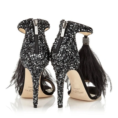 VIOLA 110 Black Suede and Jet Mix Hotfix Sandals with Ostrich Feather Tassel