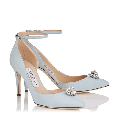 Shop Jimmy Choo Lucy 85 Something Blue Moire Fabric Pointy Toe Pumps With Crystal Piece In Something Blue/crystal