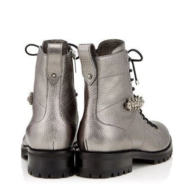 CRUZ FLAT Anthracite Metallic Grainy Leather Cruz Flat Boots with Crystal Detailing