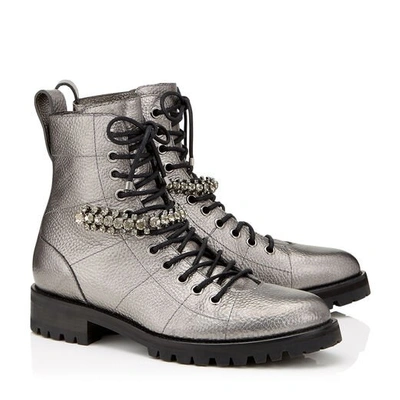 Shop Jimmy Choo Cruz Flat Anthracite Metallic Grainy Leather Cruz Flat Boots With Crystal Detailing