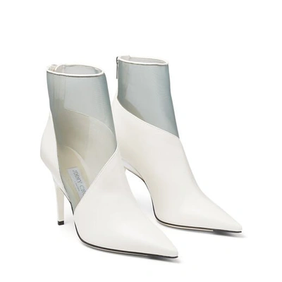 Shop Jimmy Choo Sioux 100 Latte Nappa Leather Mesh Boots With Plexi Heel In Latte/mint