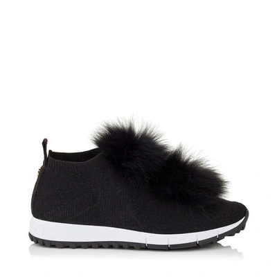 NORWAY Black Knit and Lurex Trainers with Fur Pom Poms