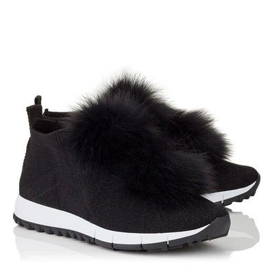 NORWAY Black Knit and Lurex Trainers with Fur Pom Poms
