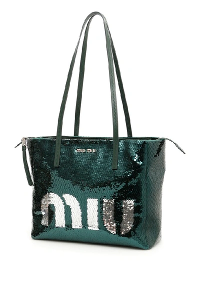 Shop Miu Miu Sequinned Shopping Bag In Green
