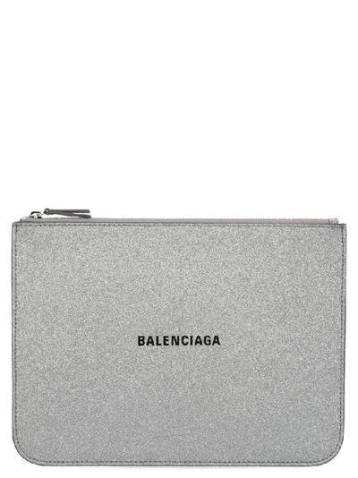Shop Balenciaga Everyday Logo Pouch In Silver