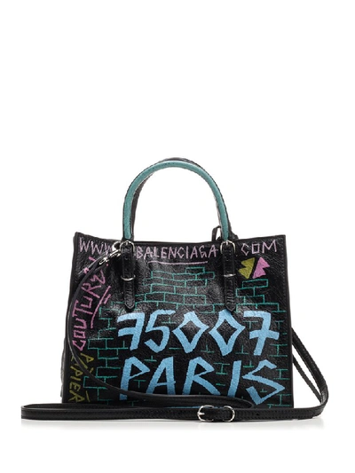 Shop Balenciaga Papier Graffiti Logo Tote Bag In Black