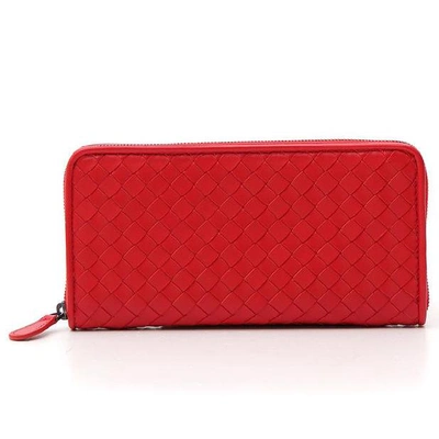 Shop Bottega Veneta Woven Zip Around Wallet In Red