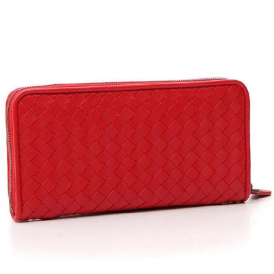 Shop Bottega Veneta Woven Zip Around Wallet In Red