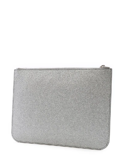 Shop Balenciaga Logo Glitter Clutch Bag In Silver