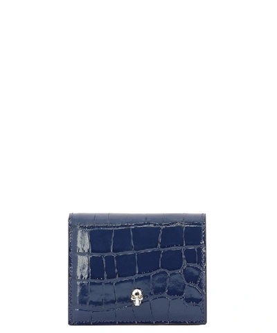 Shop Alexander Mcqueen Skull Embellished Croc Effect Wallet In Blue