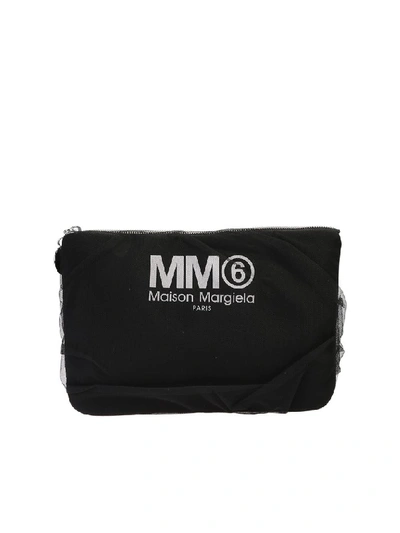 Shop Mm6 Maison Margiela Logo Printed Tulle Clutch In Black