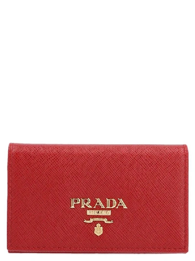 Shop Prada Saffiano Logo Foldover Cardholder In Red