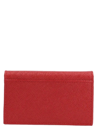 Shop Prada Saffiano Logo Foldover Cardholder In Red