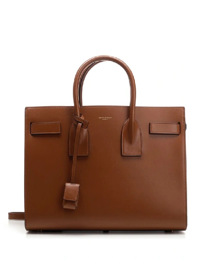 Shop Saint Laurent Logo Top Handle Tote Bag In Brown