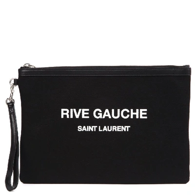 Shop Saint Laurent Logo Print Wrist Strap Clutch Bag In Black