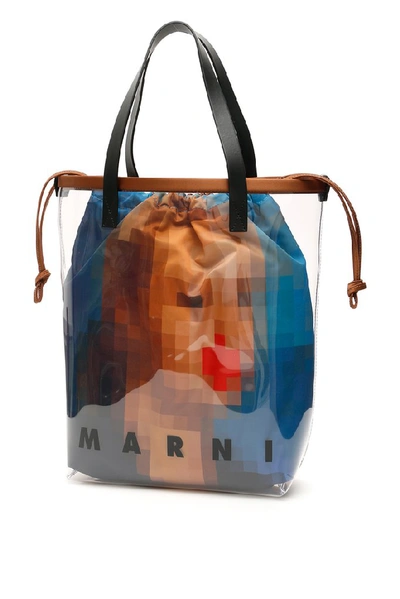 Shop Marni Pixel Face Print Logo Tote Bag In Multi