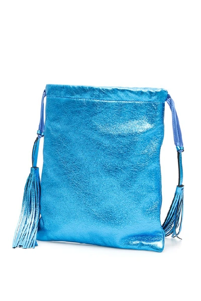 Shop Attico Metallic Drawstring Bucket Tote Bag In Blue