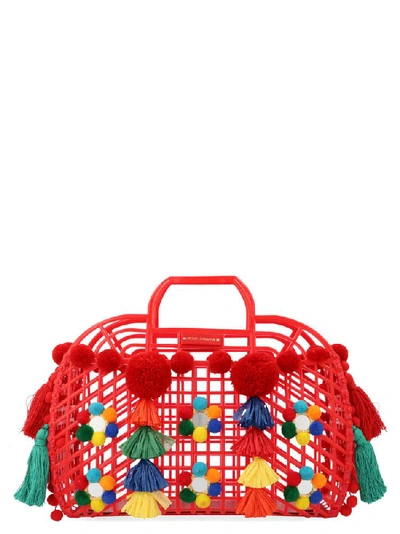 Shop Dolce & Gabbana Kendra Caged Pom Pom Tote Bag In Red