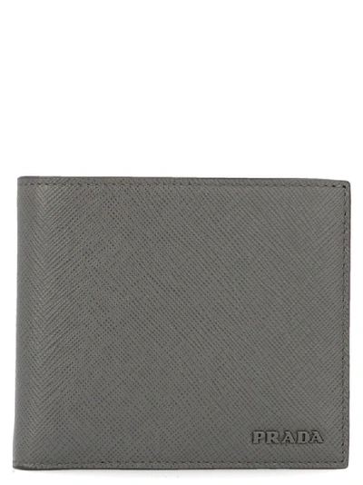 Shop Prada Saffiano Logo Bifold Wallet In Grey