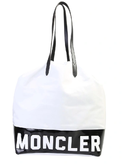 Shop Moncler Contrasting Panelled Logo Tote Bag In White