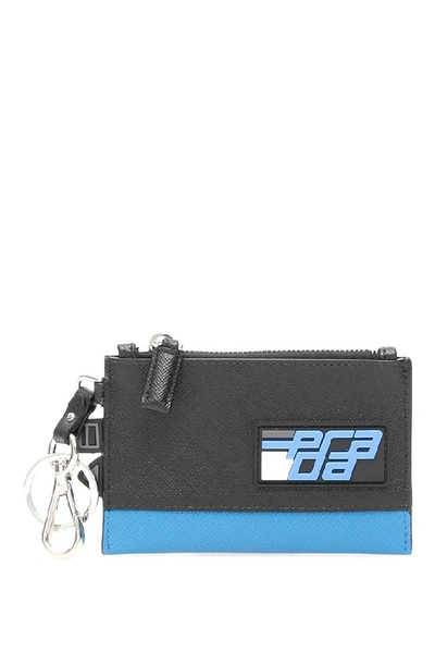 Prada Rubber Logo Patch Zipped Wallet In Blue | ModeSens