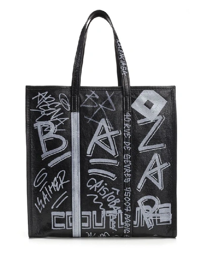 Shop Balenciaga Bazar Graffiti M Shopper Tote Bag In Black