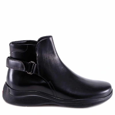 Shop Prada Velcro Strap Detail Ankle Boots In Black