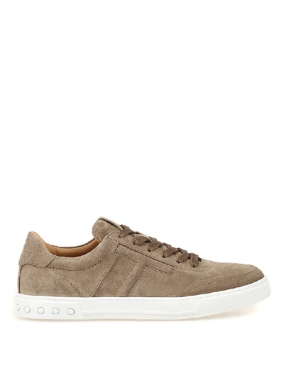 Shop Tod's Suede Lace Up Sneakers In Beige