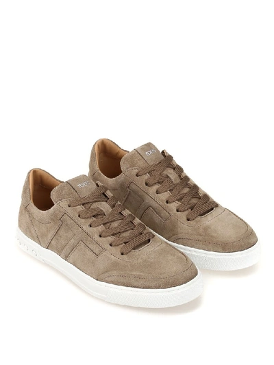 Shop Tod's Suede Lace Up Sneakers In Beige