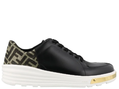 Shop Fendi Ff Logo Monogram Lace Up Sneakers In Black