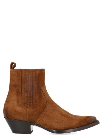 Shop Saint Laurent Lukas Pointed Toe Ankle Boots In Brown