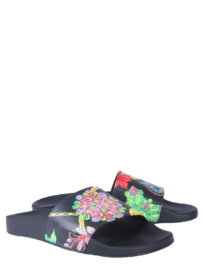 Shop Versace Printed Hibiscus Slides In Multi