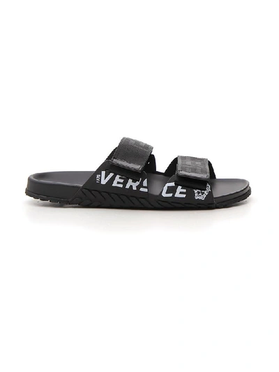 Shop Versace Logo Tough Strap Slides In Black