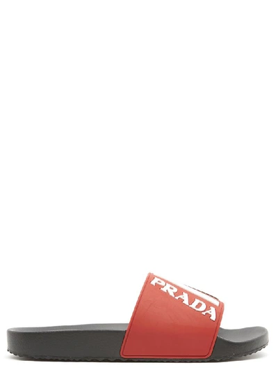 Shop Prada Logo Pool Slides In Red