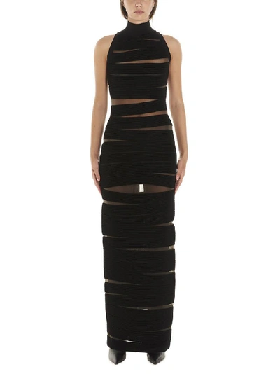 Shop Balmain Ribbed Detail Sheer Turtleneck Dress In Black