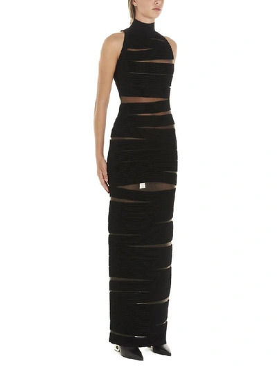 Shop Balmain Ribbed Detail Sheer Turtleneck Dress In Black