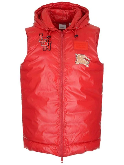 Shop Burberry Logo Patch Hooded Gilet In Red