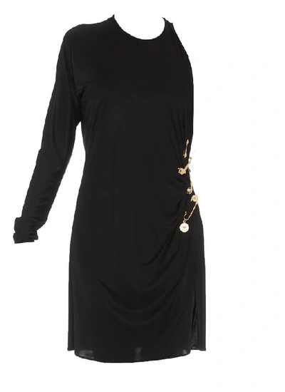 Shop Versace Safety Pin One Sleeve Draped Dress In Black