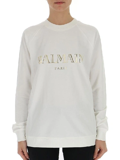 Shop Balmain Logo Print Sweater In White