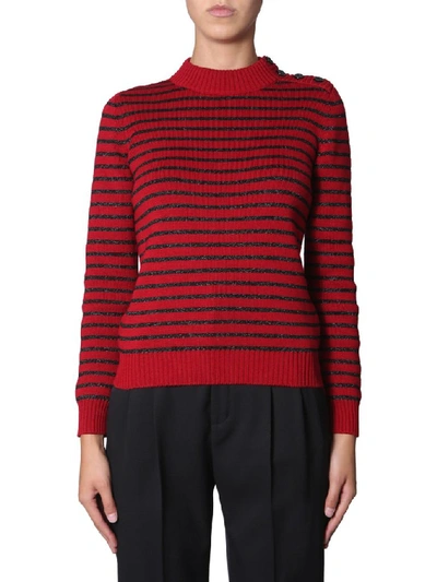 Shop Saint Laurent Striped Knit Sweater In Red