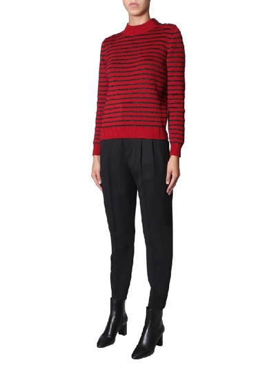 Shop Saint Laurent Striped Knit Sweater In Red