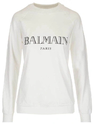 Shop Balmain Logo Crewneck Sweatshirt In White