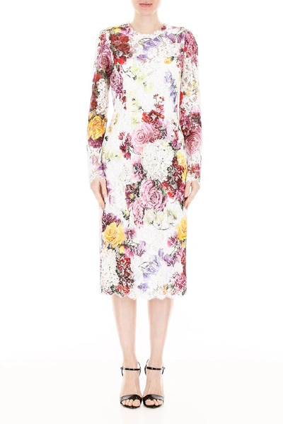 Shop Dolce & Gabbana Floral Lace Midi Dress In Multi