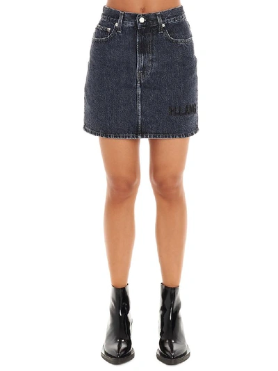 Shop Helmut Lang Logo Embroidered Denim Mini Skirt In Grey