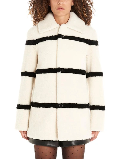Shop Saint Laurent Striped Shearling Single Breasted Coat In Beige