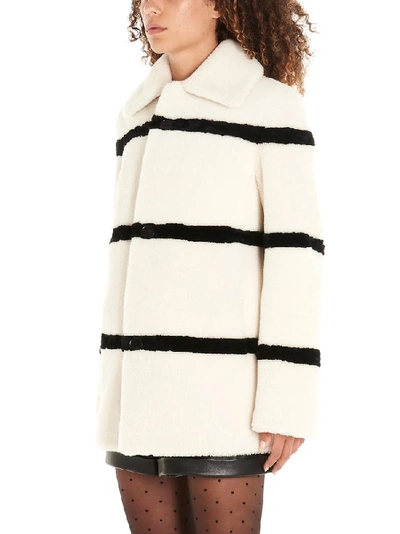 Shop Saint Laurent Striped Shearling Single Breasted Coat In Beige
