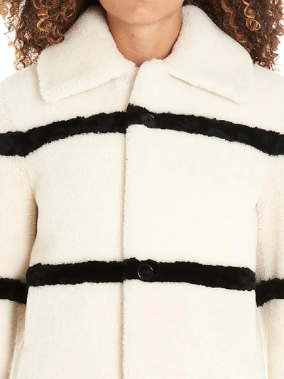 Shop Saint Laurent Striped Shearling Single Breasted Coat In Beige