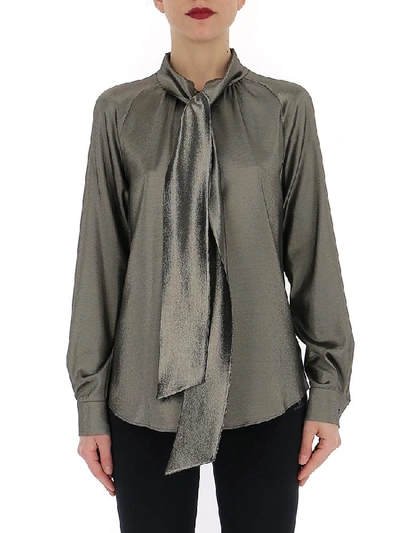 Shop Max Mara Metallic Pussy Bow Blouse In Silver