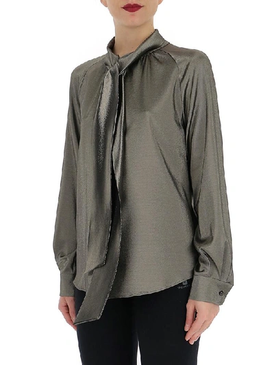 Shop Max Mara Metallic Pussy Bow Blouse In Silver
