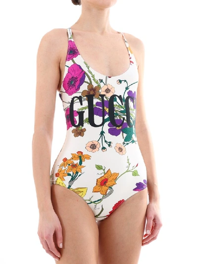 Shop Gucci Floral Logo Swimsuit In Multi